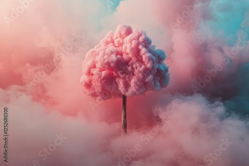 Majestic pink tree surrounded by colorful mist in an ethereal landscape