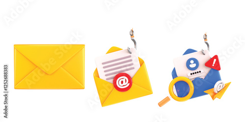 Yellow envelope with Phishing email icon set 3d render concept of cyber security icon vector illustration