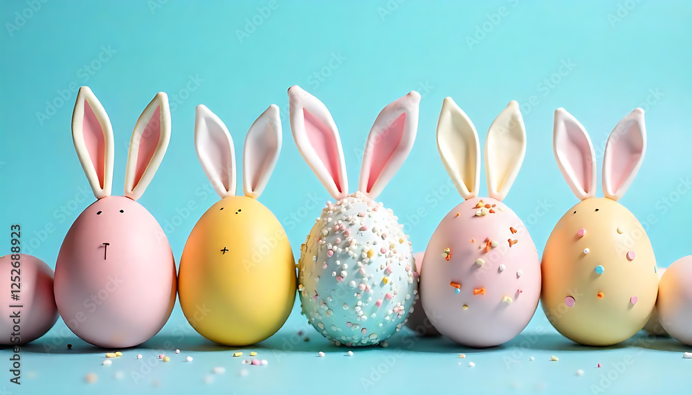 colorful easter eggs with bunny ears and sprinkles on a blue background, Happy Easter card 2025, Easter decor concept, created with generative ai colorful easter eggs with bunny ears and sprinkles on a blue background, Happy Easter card 2025, Easter decor concept, created with generative ai