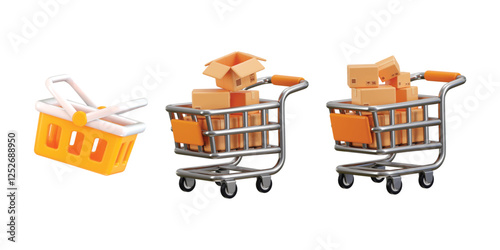 3D Shopping cart and cardboard box icon set, Fast delivery concept from online store, logistics package delivery, Cargo box icon on shopping cart 3d render