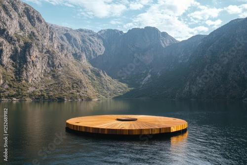 Floating wooden platform in tranquil lake surrounded by lush mountains under ...