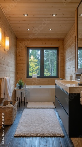 Modern wooden bathroom with large tub and natural light in scenic setting