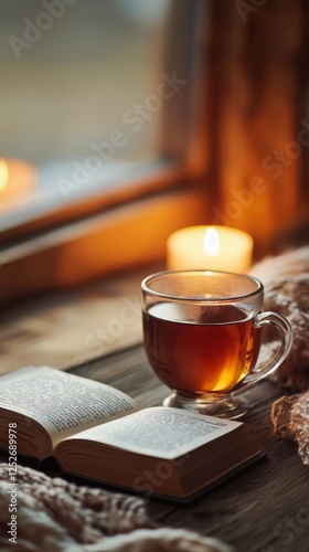 Warm tea and an open book by the window during a cozy evening