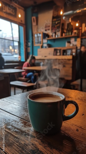 Warm coffee cup resting on wooden table in a sunlit cafe with greenery and wi...