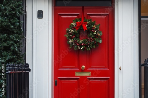 Festive red door adorned with a Christmas wreath and decorative ornaments dur...