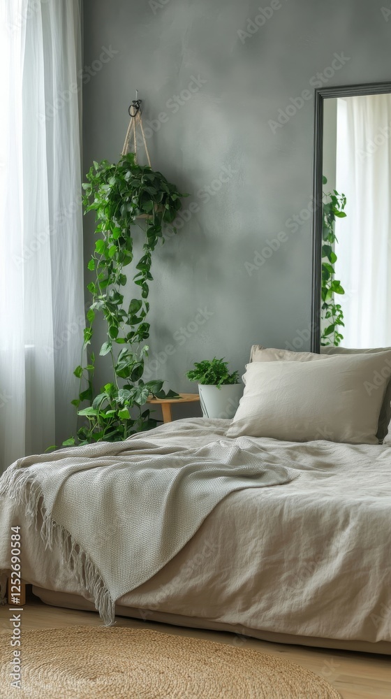 Fototapeta premium Modern bedroom with large mirror and vibrant greenery in natural sunlight
