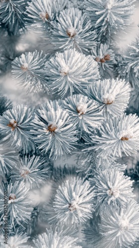 Frosted pine branches create a winter wonderland effect in a serene forest