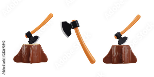 3D Axe with stump icon set concept of Manual tool for chop wood, Ax steel build cut equipment icon vector illustration