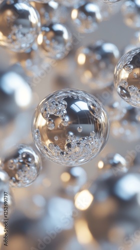 Bubbles floating in a dark setting with golden reflections enhancing their be...