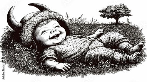 Laughing Baby in Horned Hat...