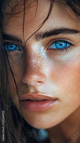 Portrait of a young woman with striking blue eyes and natural makeup in a dar...