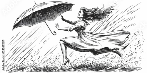 Woman Running in Rain Illus...