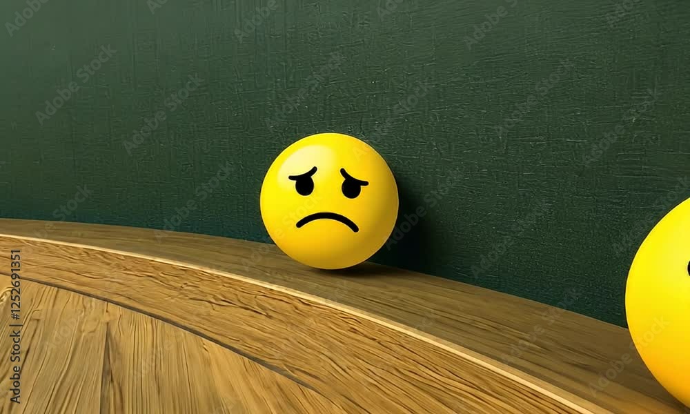 Sad emoticon on wood, green wall background;  website design element