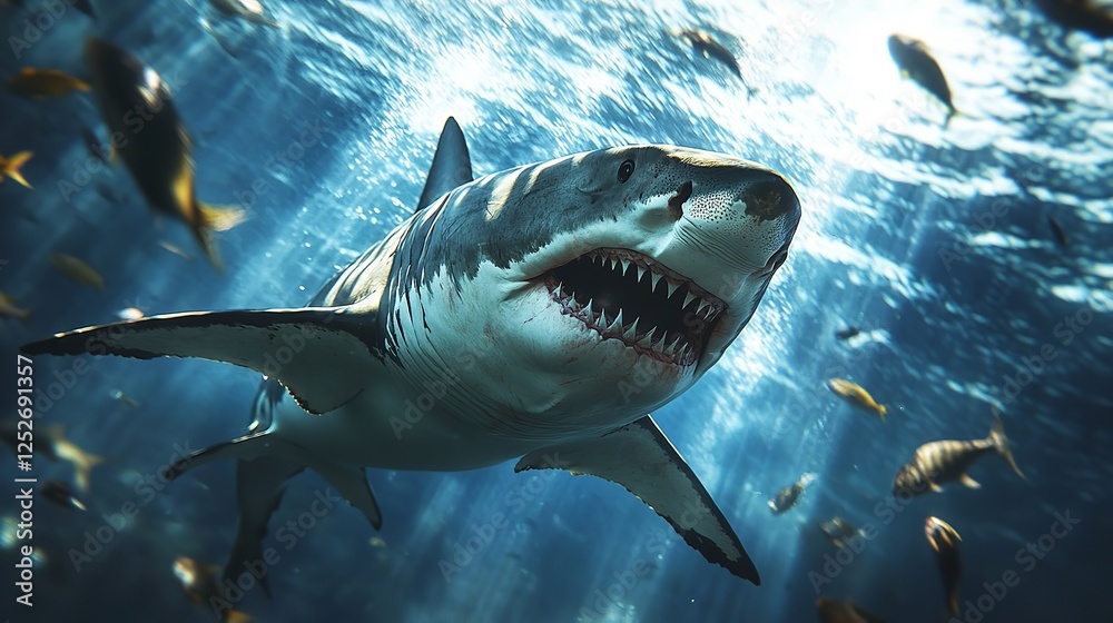 Fototapeta premium A Megalodon shark in the deep sea Large and sharp-toothed, swimming in the deep sea, among small prehistoric fish.