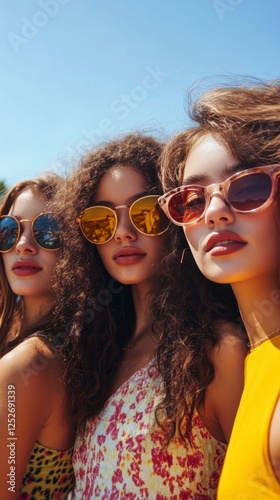 Young women enjoying summer sunlight while wearing stylish sunglasses at a vi...