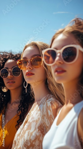 Young women enjoying summer sunlight while wearing stylish sunglasses at a vi...