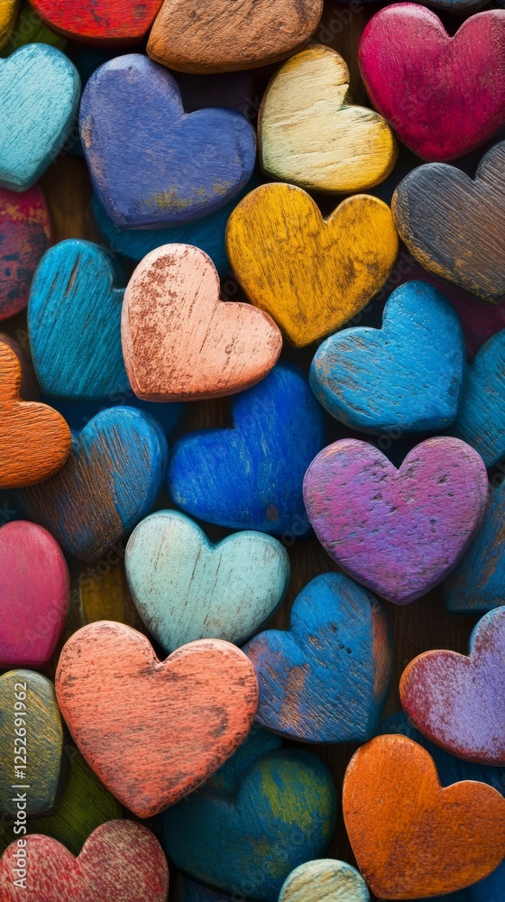 Obraz premium Colorful wooden hearts arranged in an artistic display on a blue wooden background
