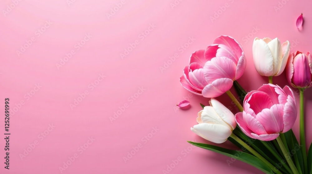 Obraz premium Lovely Pink and White Tulips on a Soft Pink Background, a Delicate Floral Arrangement Perfect for Springtime Celebrations or Romantic Occasions