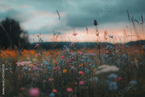 Colorful wildflowers blooming in a vast field at dusk under a cloudy sky