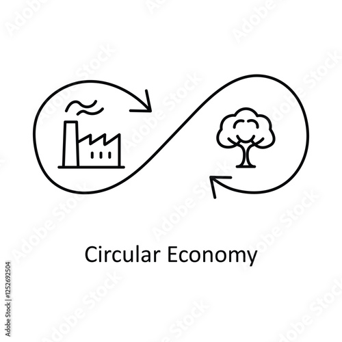 Vector icon for Circular Economy. Represents sustainable production, consumption, and recycling with factory and tree symbols.