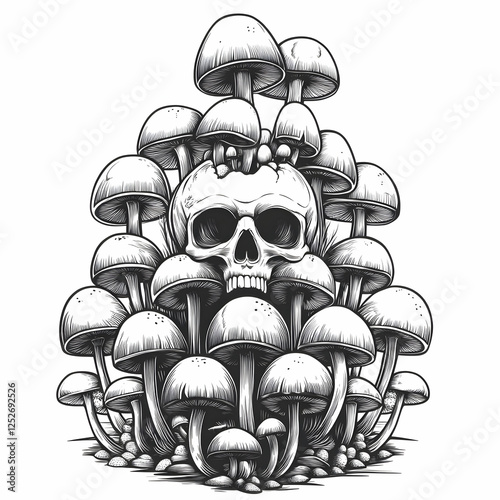 Skull and Mushrooms Illustr...