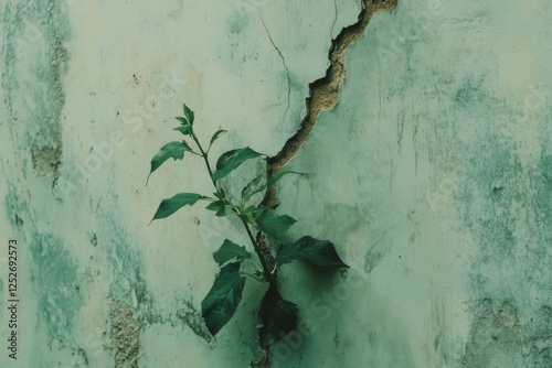 Green plant growing from cracked wall in sunlight filtering through nearby trees