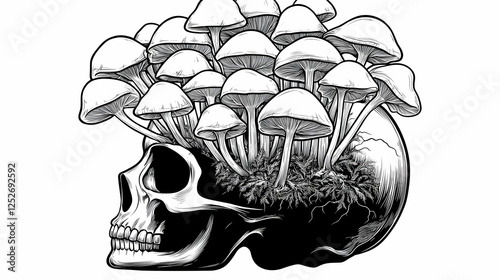 Skull with Mushrooms Illust...