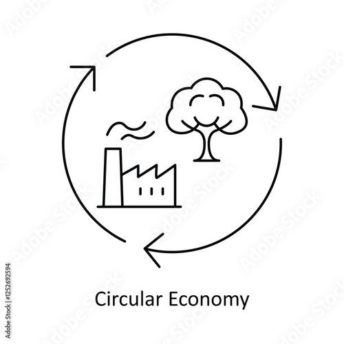 Vector icon for Circular Economy. Represents sustainable production, consumption, and recycling with factory and tree symbols.