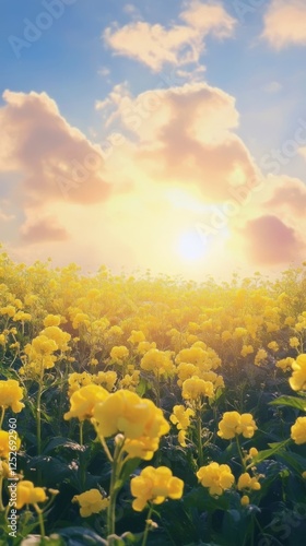 Bright sun illuminating a vibrant field of yellow flowers on a clear day in t...