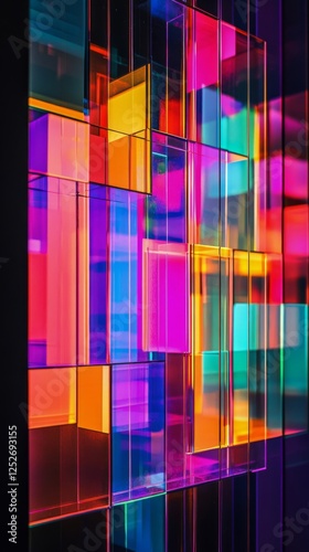 Colorful geometric display showcasing vibrant lights and patterns in a modern...
