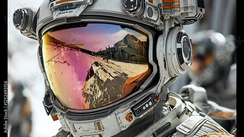 Astronaut visor reflects alien landscape; mission team in background; Sci-fi concept art