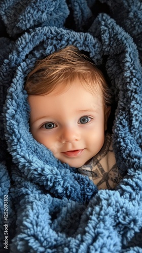 Baby wrapped in cozy blue blanket with bright smile at home in the morning light