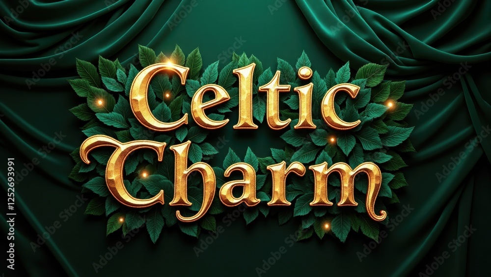 Elegant Celtic Charm Title Design Gold Lettering with Green Leaves on Dark Green Velvet Elegant Celtic Charm Title Design Gold Lettering with Green Leaves on Dark Green Velvet