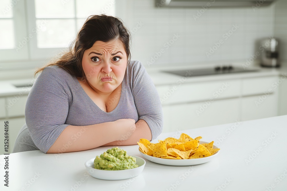 Depicts woman expressing frustration with unhealthy snacks while contemplating low-carbohydrate diet, low-carb tortillas, and weight loss. Concept focuses on low-carbohydrate diet benefits