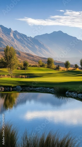 Scenic golf course with mountains and clear water under blue sky in the morning