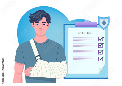Flat style illustration A person with a broken arm had his arm wrapped in plaster.