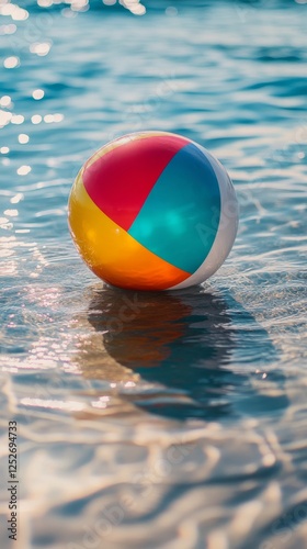 Colorful beach ball floating on calm water during a sunny afternoon by the shore