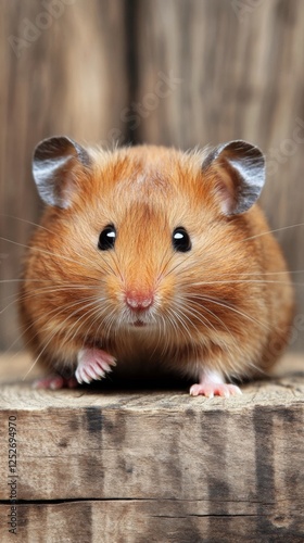 Cute hamster sitting on wooden surface with tiny paws together in a charming ...