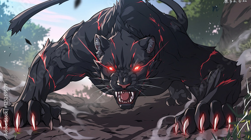 Anime style black panther with red eyes and fangs leaping from shadows in a dynamic pose against a dark background photo