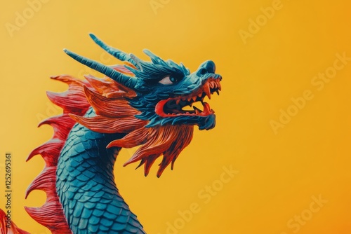 Colorful dragon sculpture with vibrant details against a bright yellow backgr...