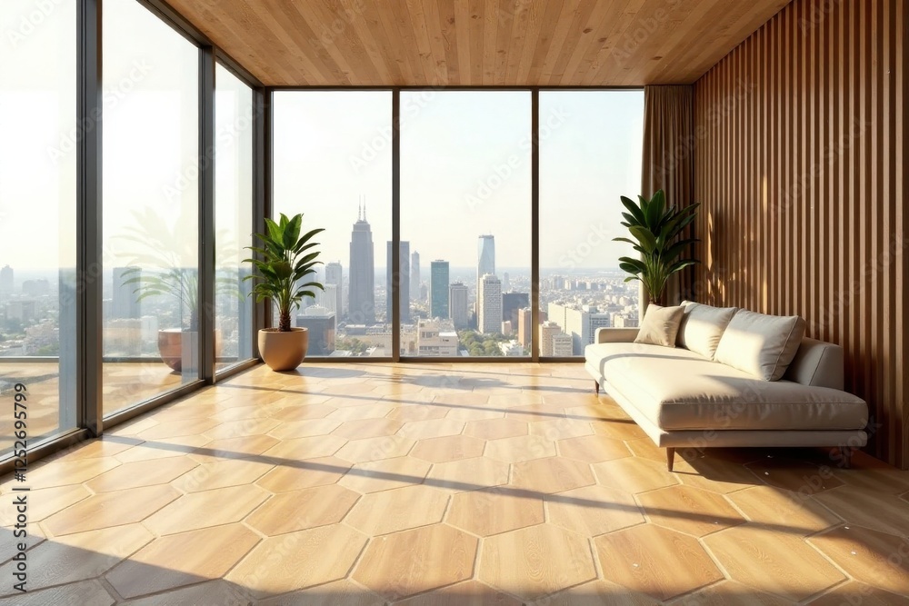Fototapeta premium Modern Apartment Living Room with Panoramic City View and Light Wood Accents