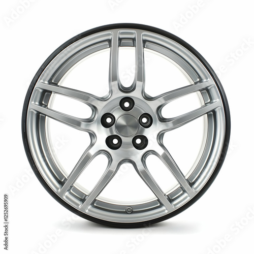 Silver alloy wheel, close-up, white background, car part, automotive