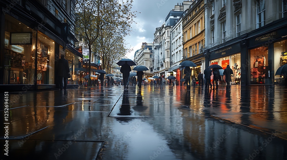 Fototapeta premium Overcast Skies Rain Falling Pedestrians Holding Umbrellas Street Reflections