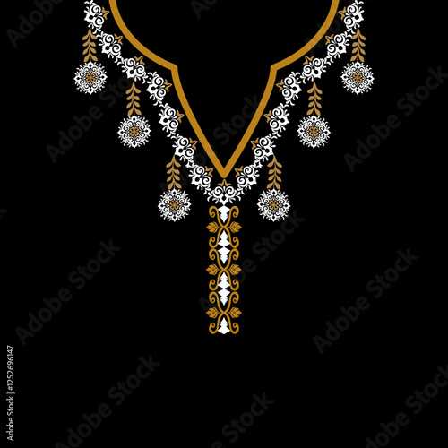 Gold and white floral oriental pattern on a black background. Vector element for design shirt pattern, lace, collar, bead decoration.