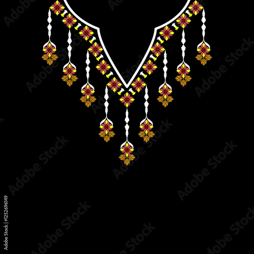 Orange and yellow ethnic bohemian-style necklaces. Embroidery pattern on a black background. Vector element for design shirt pattern, lace, collar, bead decoration.