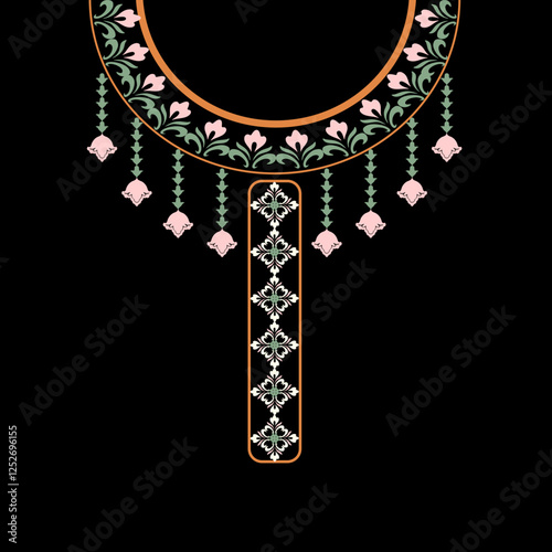 Pink and green floral oriental pattern on a black background. Vector illustration, element for design shirt pattern, lace, collar, bead decoration.