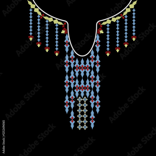 Blue and yellow ethnic bohemian-style necklaces. Embroidery pattern on a black background. Vector illustration, element for design shirt pattern, lace, collar, bead decoration.