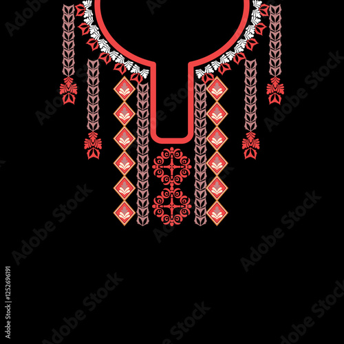 Orange ethnic native American style necklaces. Embroidery pattern on a black background. Vector illustration, element for design shirt pattern, lace, collar, bead decoration.