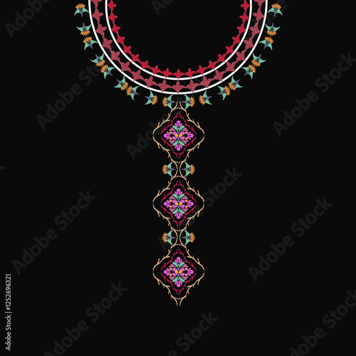 Colorful ethnic boho ornament. Bohemian style, embroidery on a black background. Design for shirt pattern, collar, neckline, and bead decoration.