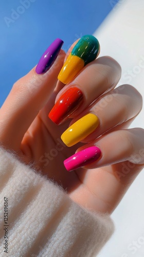 Colorful nail art design featuring vibrant shades under bright sunlight in an...